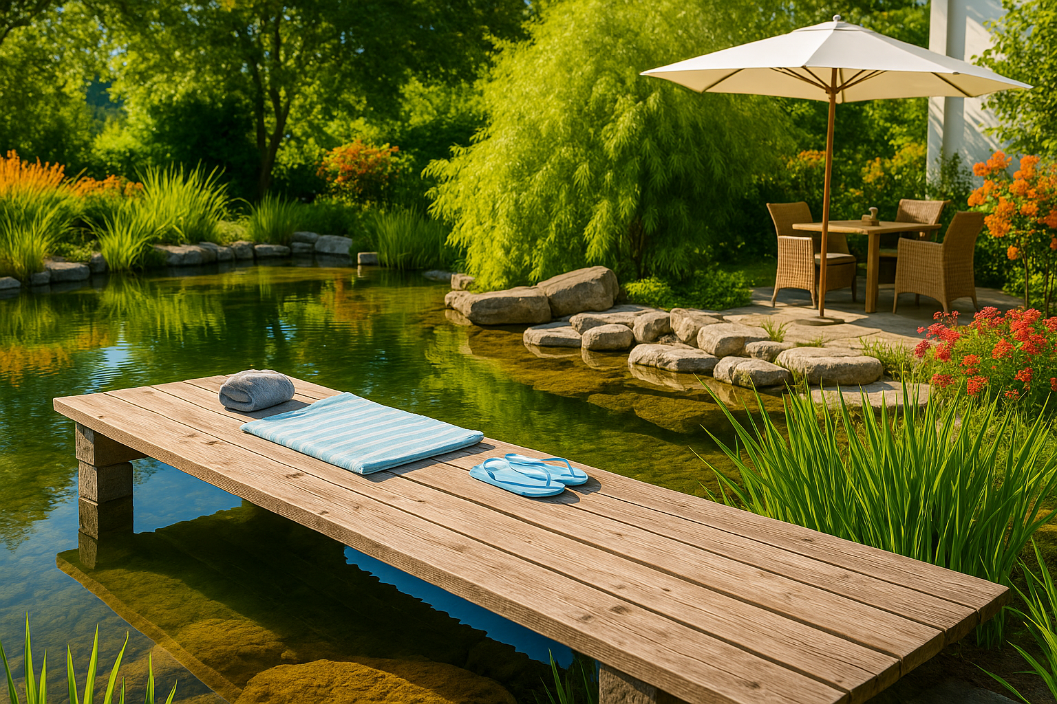 Schwimmteich mit Terrasse und Steg